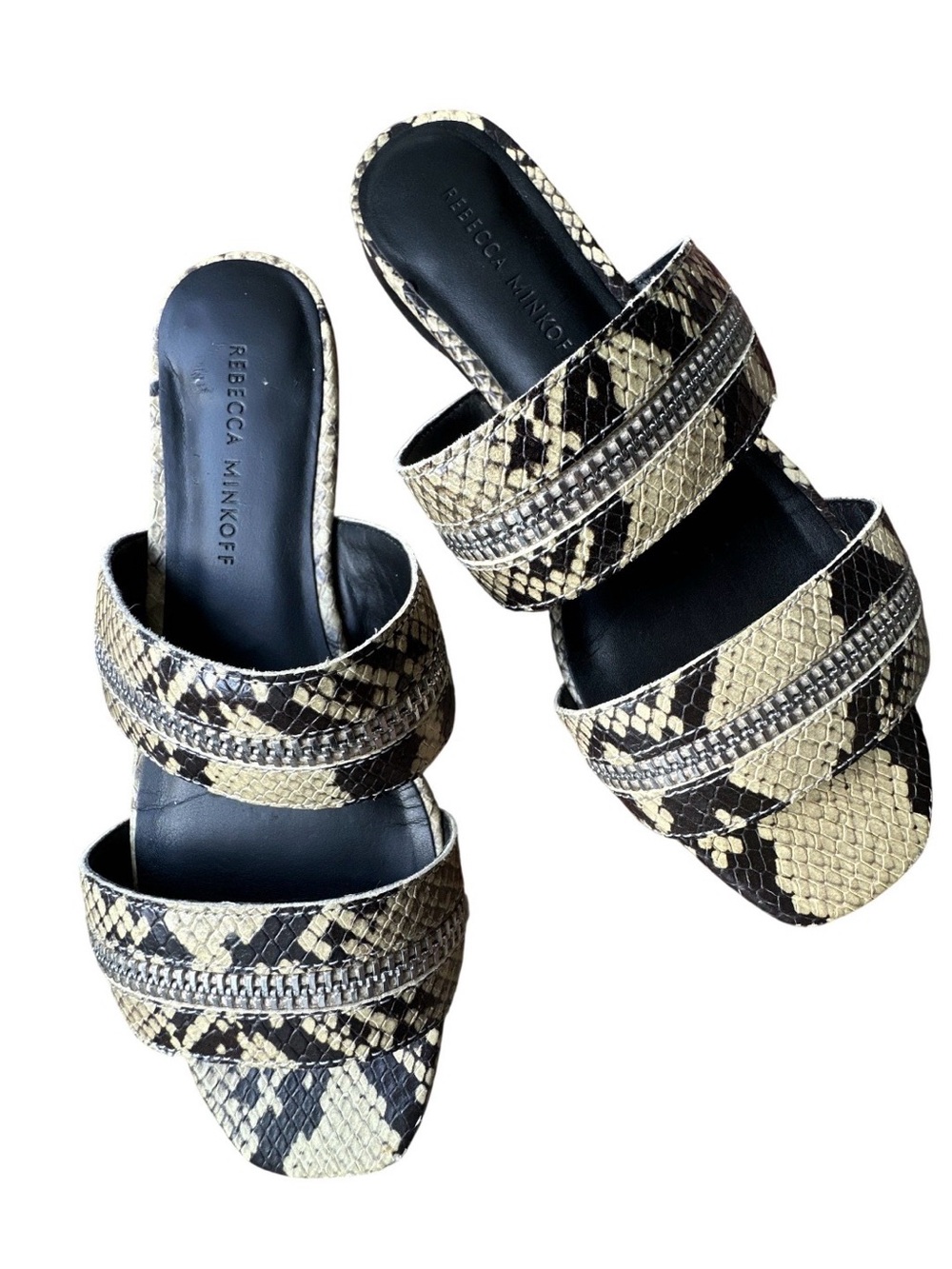 Rebecca Minkoff Black and Cream Snake-Print Double-Strap Mules